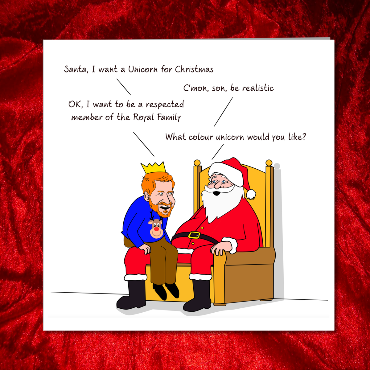Harry and Santa Unicorn Christmas Card on festive red velvet