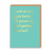 Mint green wedding card with gold foil lettering and no illustration