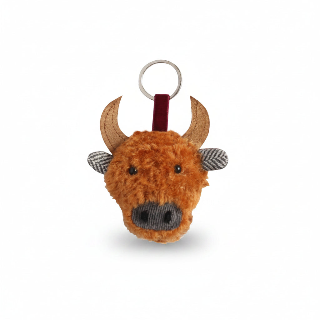 Cow Keyring in Gullane rust tweed showing stitched face