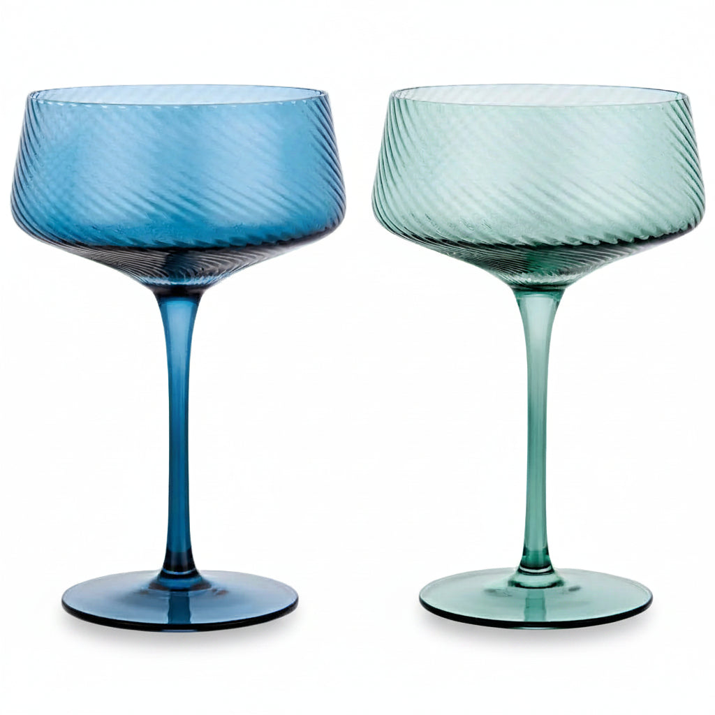Twist champagne coupes in blue and green glass