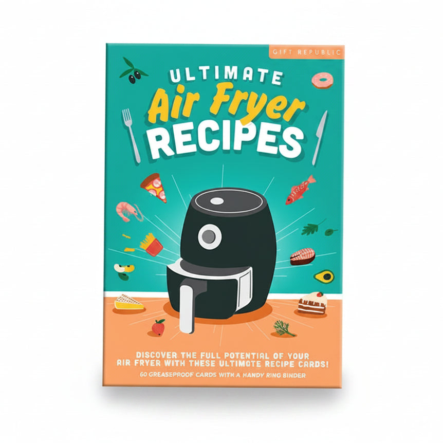 Ultimate Air Fryer Recipe Cards booklet beside utensils on worktop