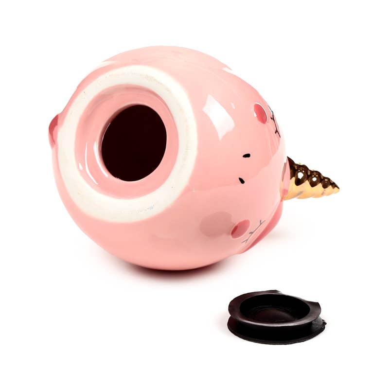 Underside of Unicorn Money Box showing circular coin opening and removable black rubber bung.