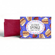 Victoria sponge cake-shaped soap with packaging display.