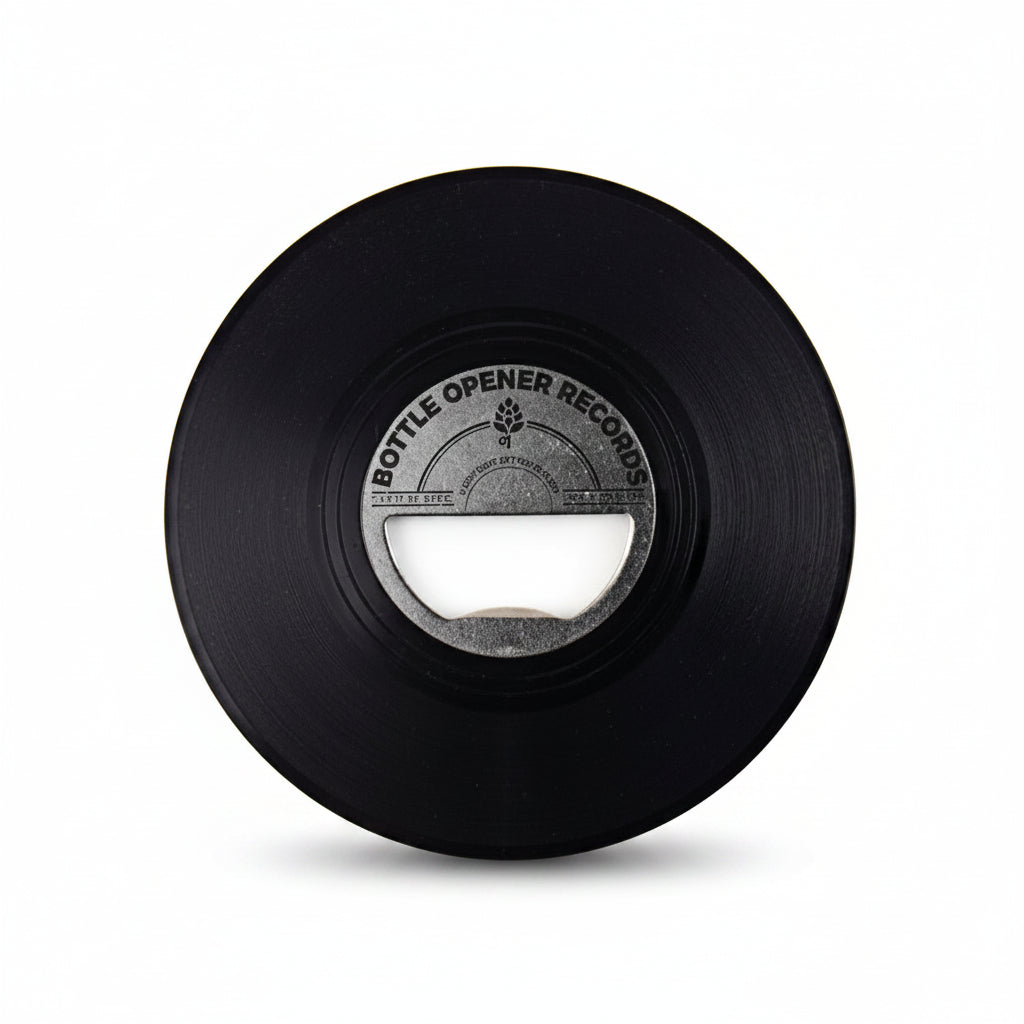 Black vinyl bottle opener shaped like a record on white background