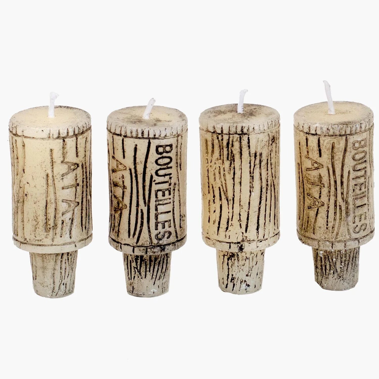 Set of four cork-style candles for wine bottles.