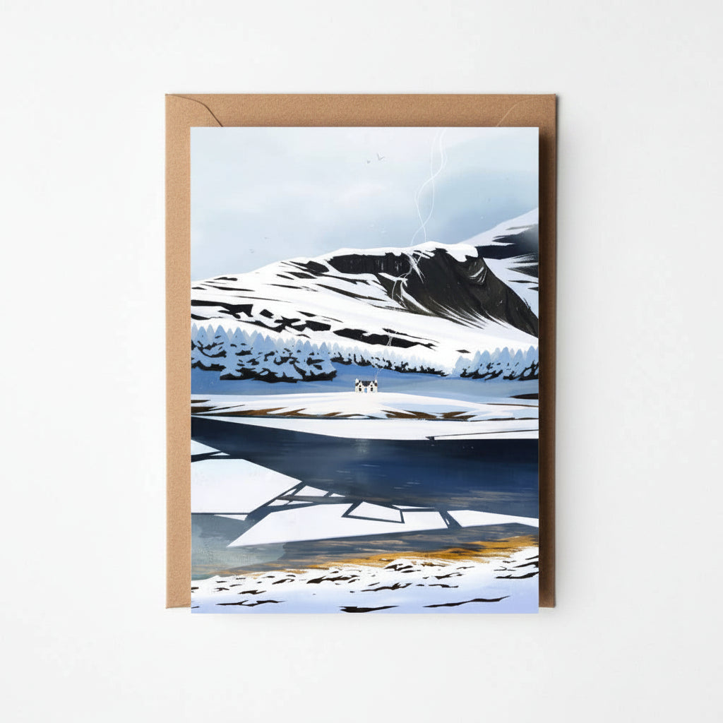 Winter at Loch Eil greeting card featuring Sara Willia's snowy Scottish lochside artwork with kraft envelope