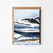 Winter at Loch Eil greeting card featuring Sara Willia's snowy Scottish lochside artwork with kraft envelope