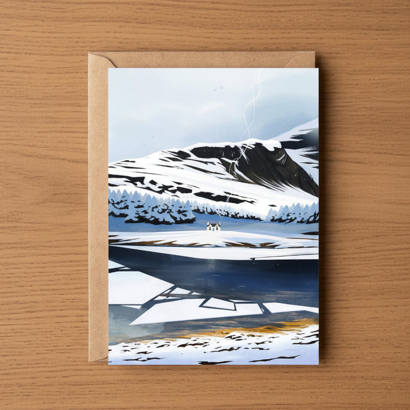 Winter at Loch Eil greeting card featuring Sara Willia's snowy lochside artwork with kraft envelope
