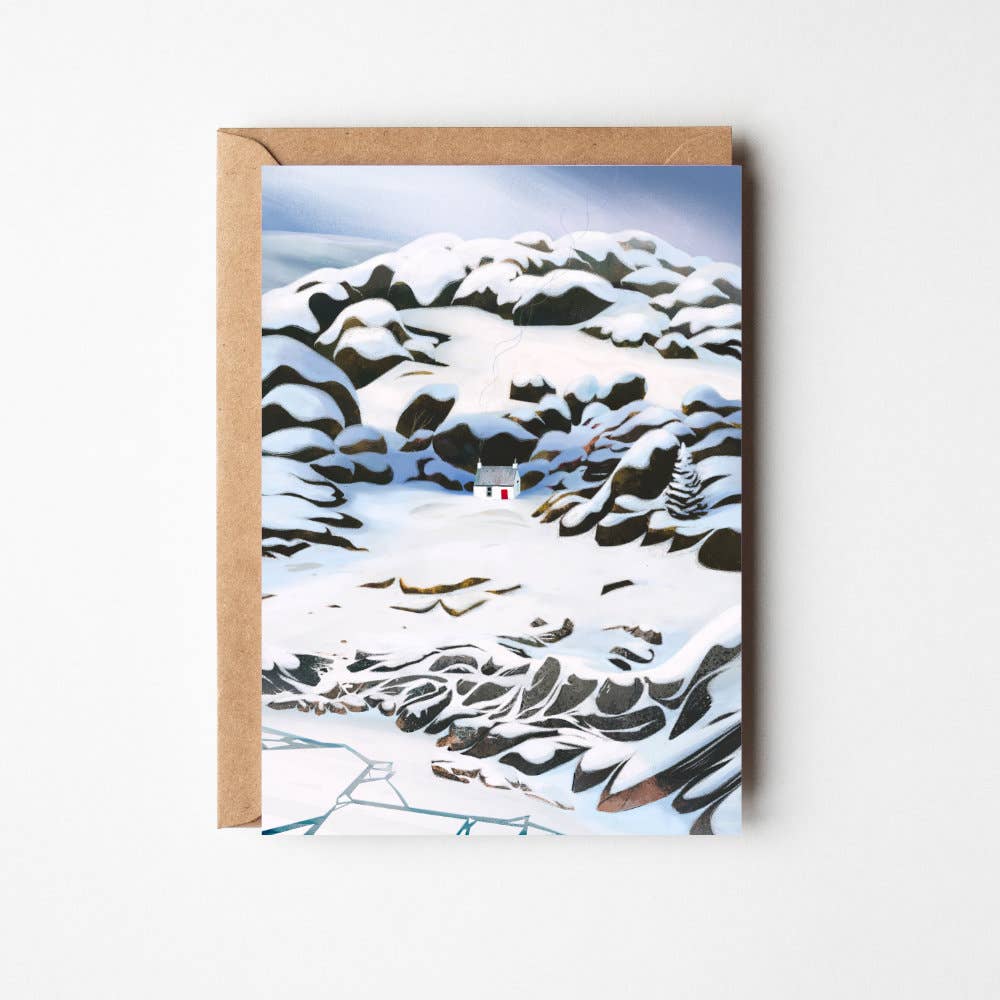 Winter at Mull of Kintyre greeting card featuring Sara Willia's snowy Scottish coast artwork with kraft envelope