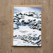 Winter at Mull of Kintyre greeting card featuring Sara Willia's snowy Kintyre coast artwork with kraft envelope