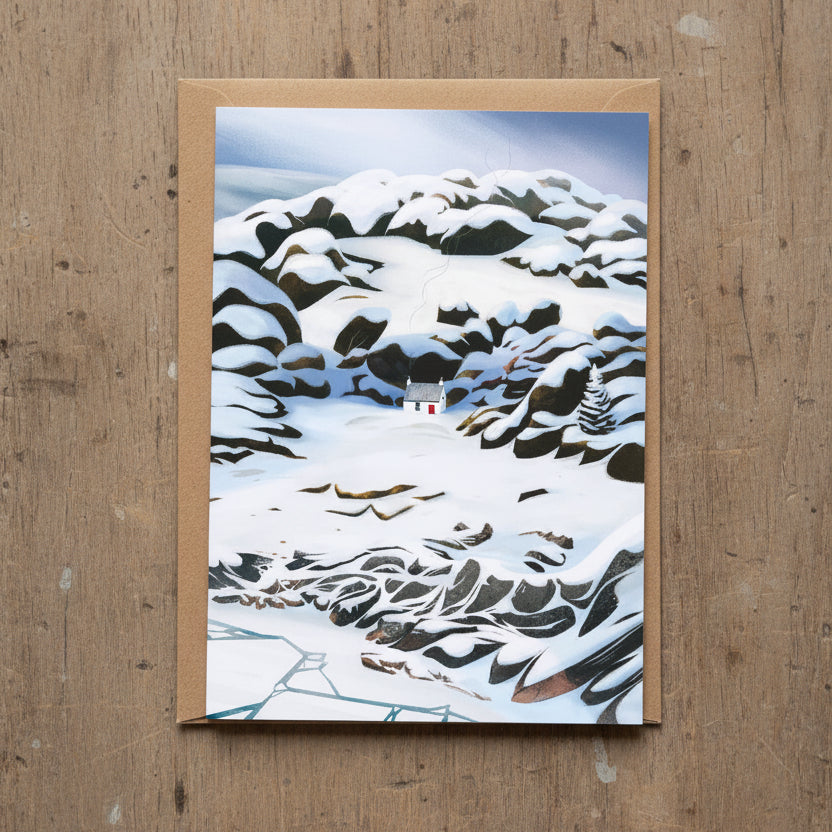 Winter at Mull of Kintyre greeting card featuring Sara Willia's snowy Kintyre coast artwork with kraft envelope