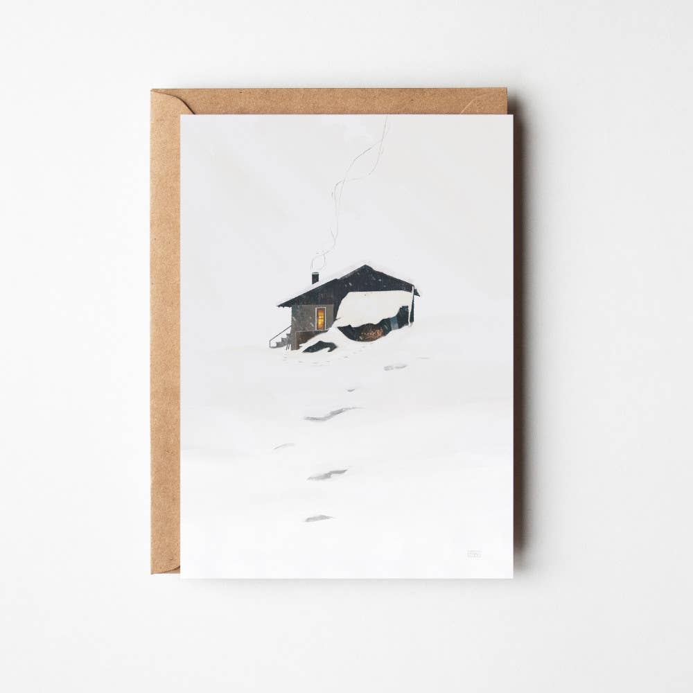 Winter Hide greeting card featuring Sara Willia's Nordic winter cabin artwork with kraft envelope