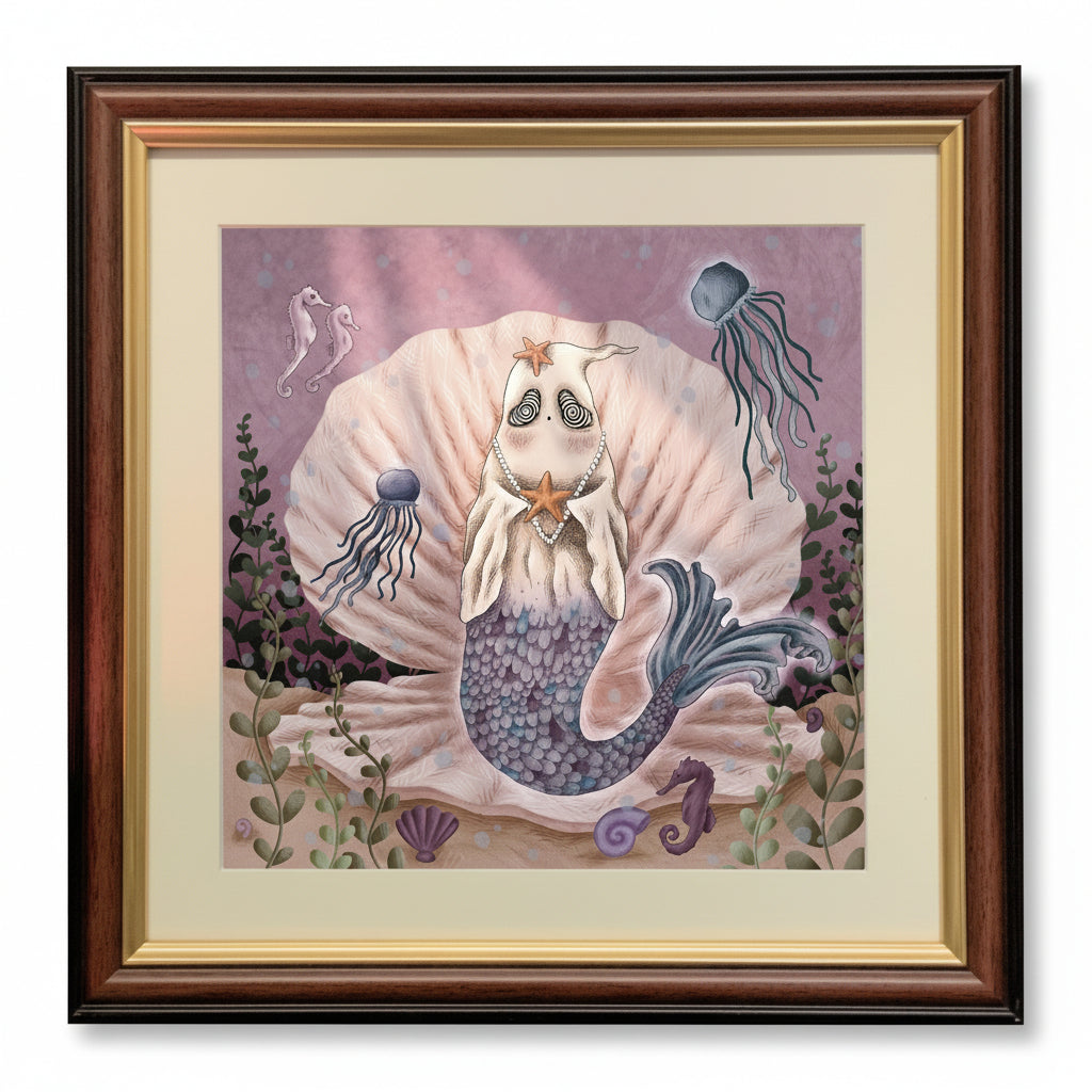 A framed art print featuring a whimsical mermaid illustration inside a large pink clam shell, surrounded by jellyfish and sea plants. The print is signed 'Kitty Willow Wilson' at the bottom and is presented in a dark brown wood frame with a gold inner mat on a dark background.