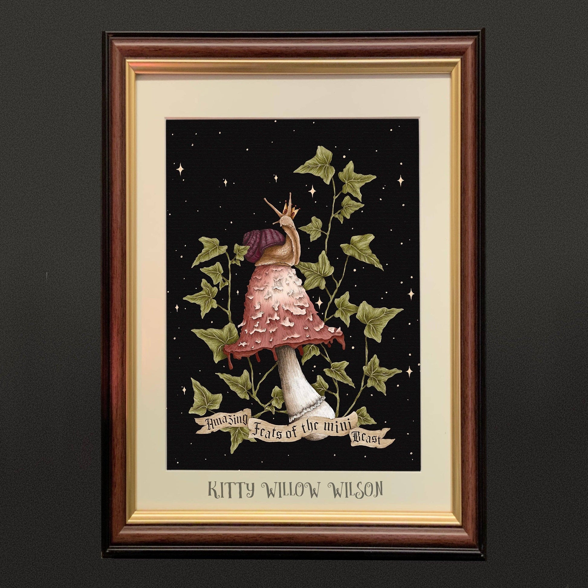 A4 art print of a snail on a pink toadstool with ivy on black, shown framed