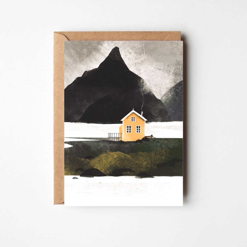 Yellow Cottage greeting card featuring Sara Willia's Norwegian landscape artwork with kraft envelope