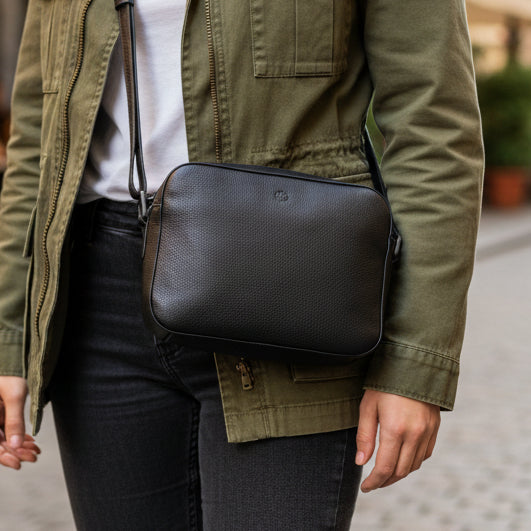 Black leather camera crossbody bag front view