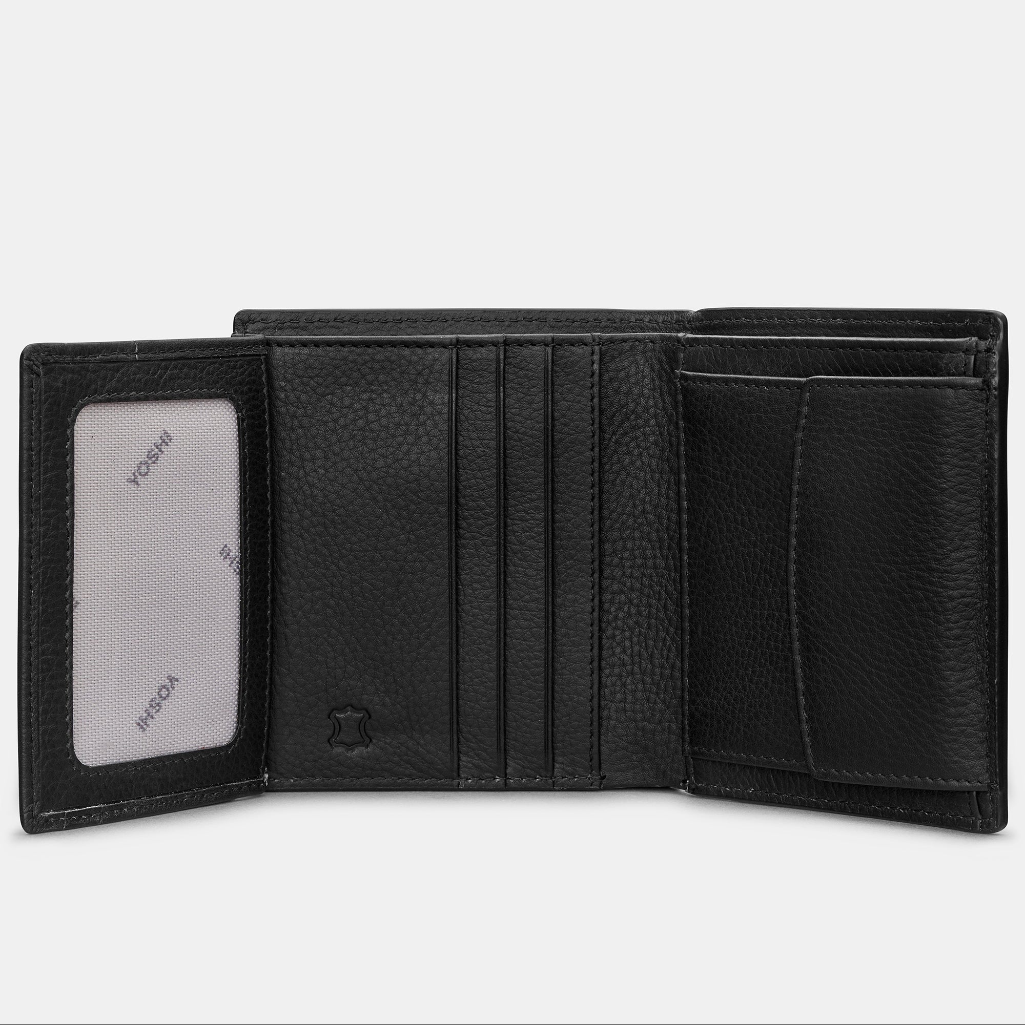 Black leather wallet fully open showing ID window, card slots, and coin pocket