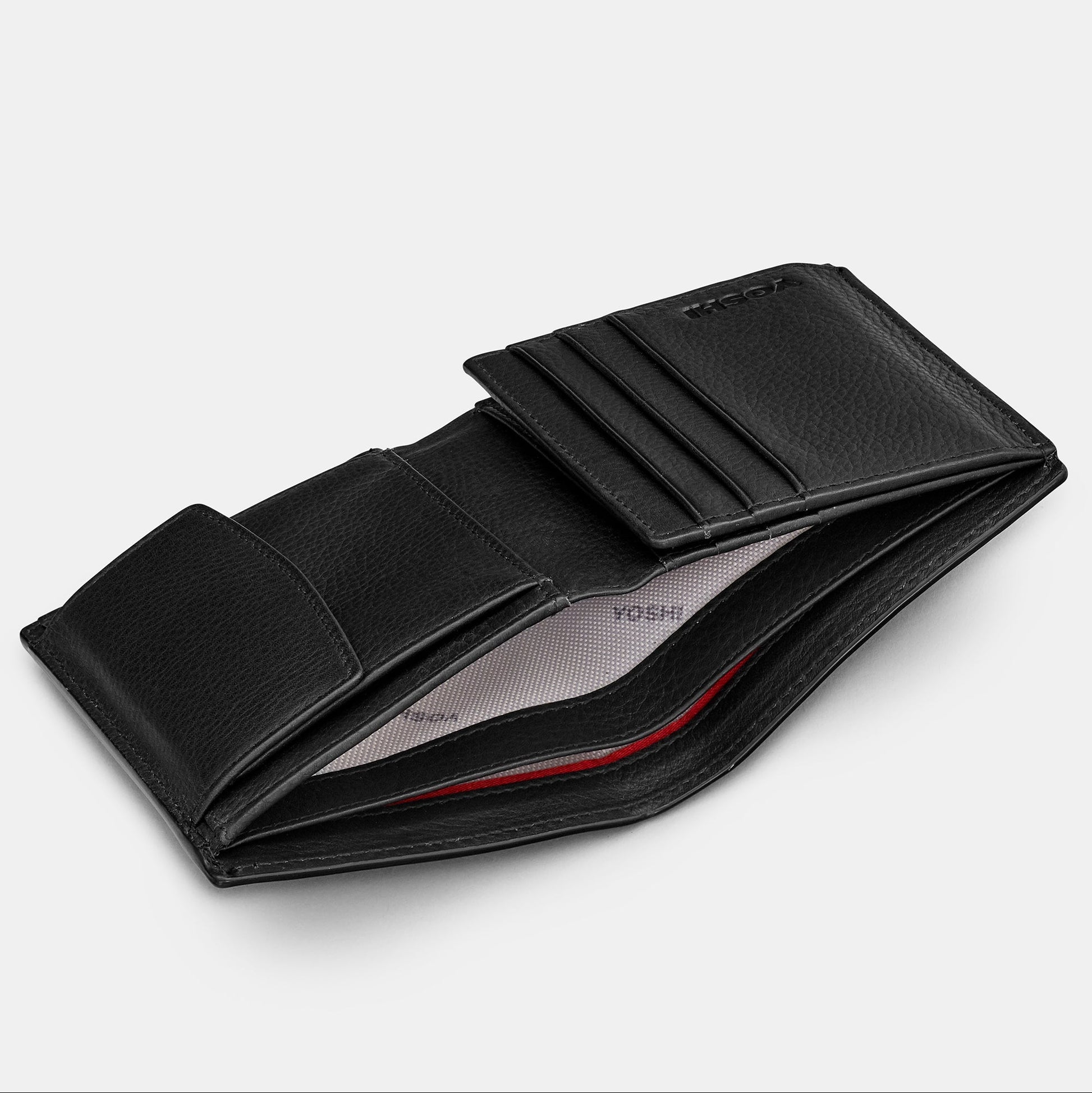 Black leather coin pocket wallet angled view showing compartments and branded lining