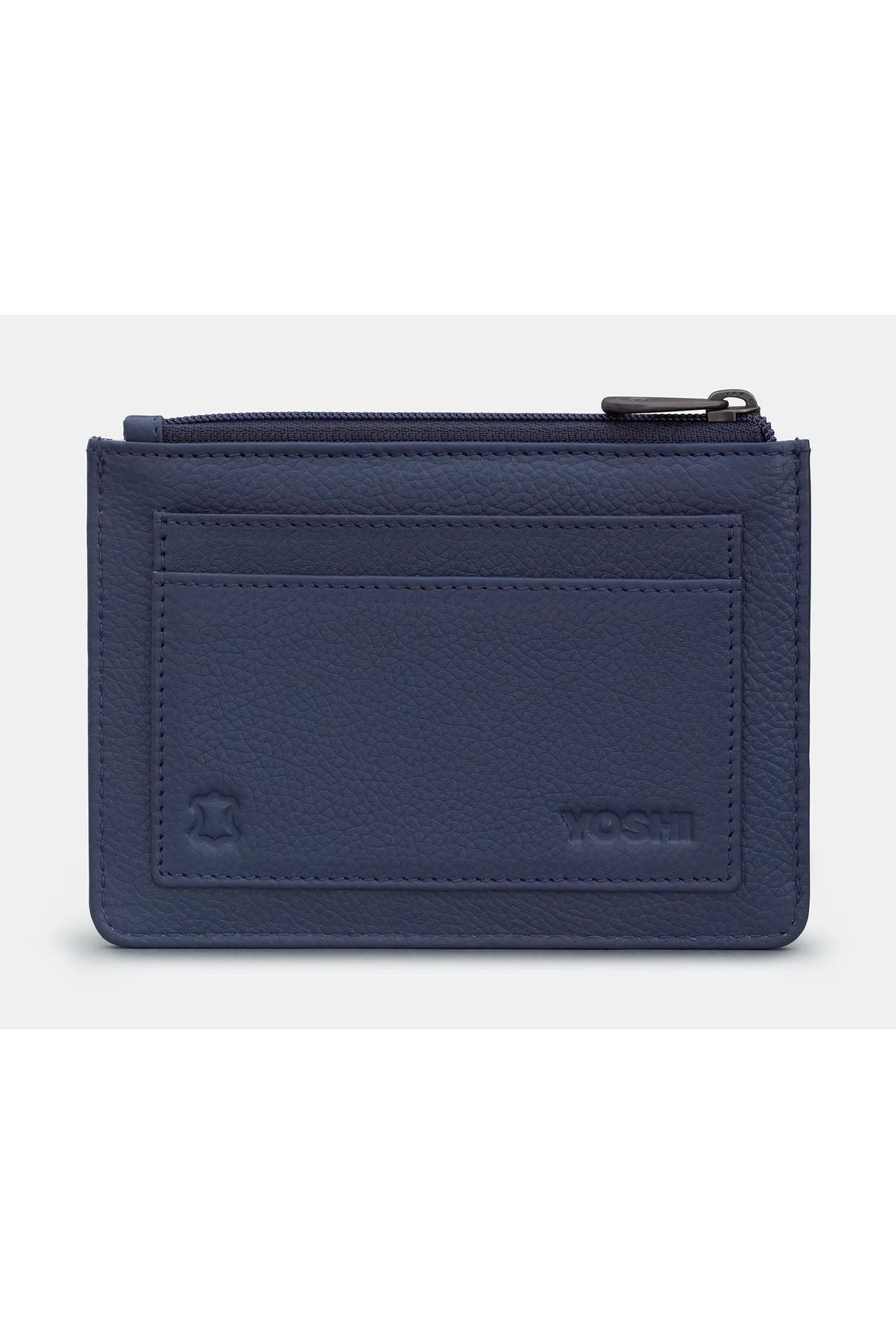 Navy leather zip top purse back view showing outer card slots