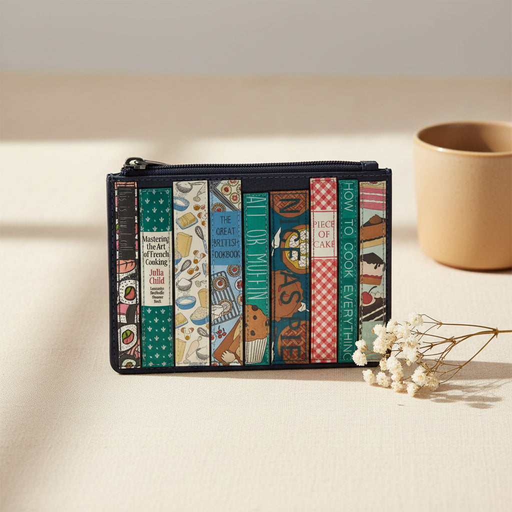 A zippered pouch designed to look like a row of colorful book spines, featuring various illustrated book covers and titles on a light gray background.