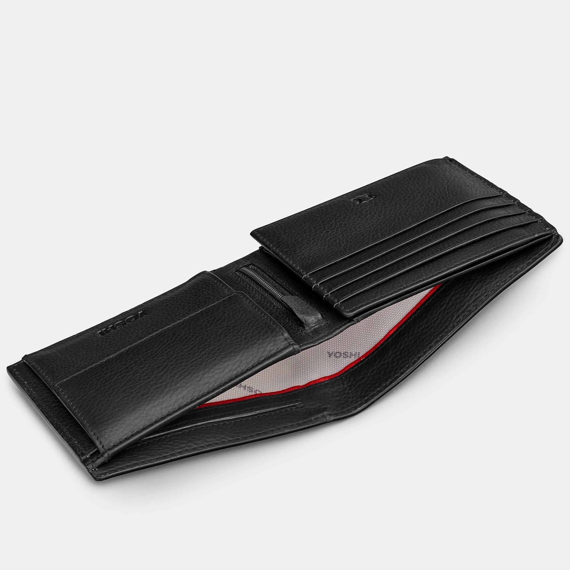 Black leather wallet overhead flat lay view