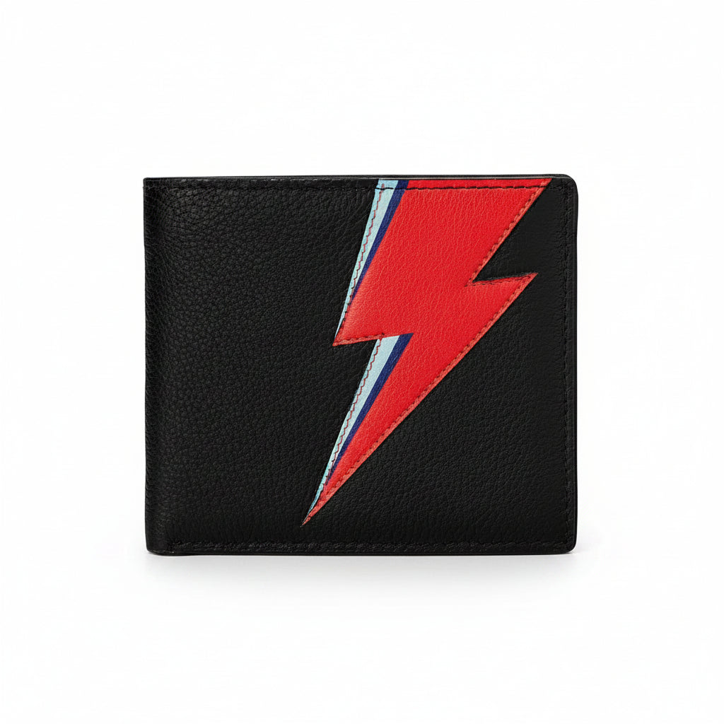 Lightning bolt black leather wallet front view with red blue bolt on white background