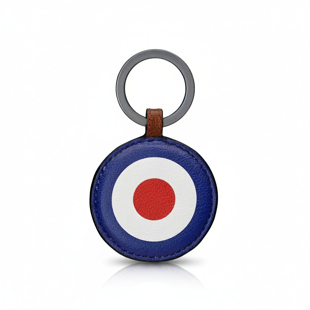 Mod roundel leather keyring front view with target design on white background
