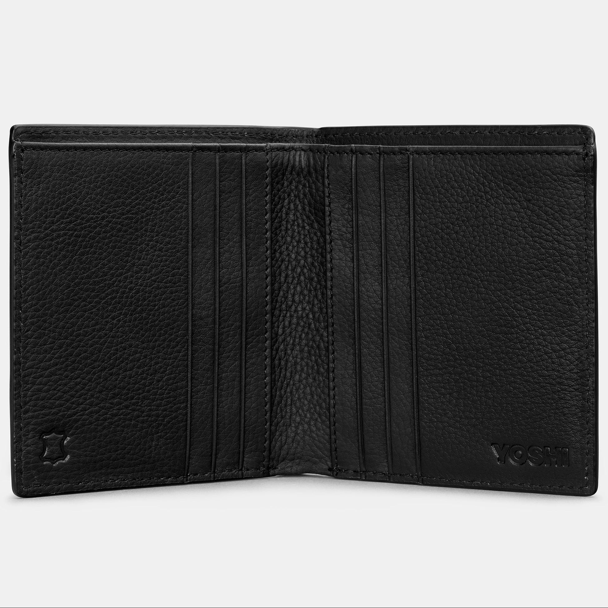 Black leather wallet open flat showing six card slots and Yoshi branding
