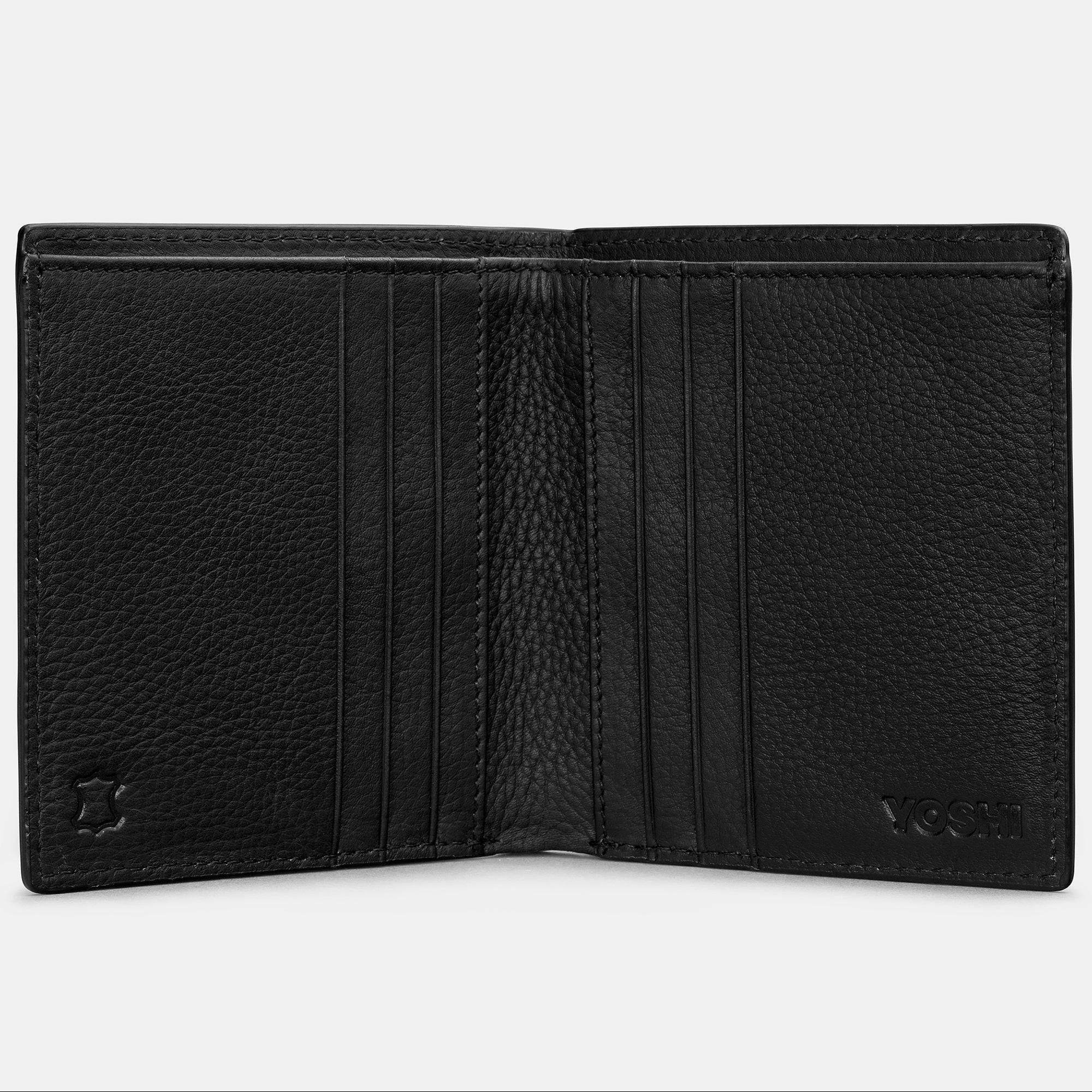 Black leather wallet open flat showing six card slots and Yoshi branding