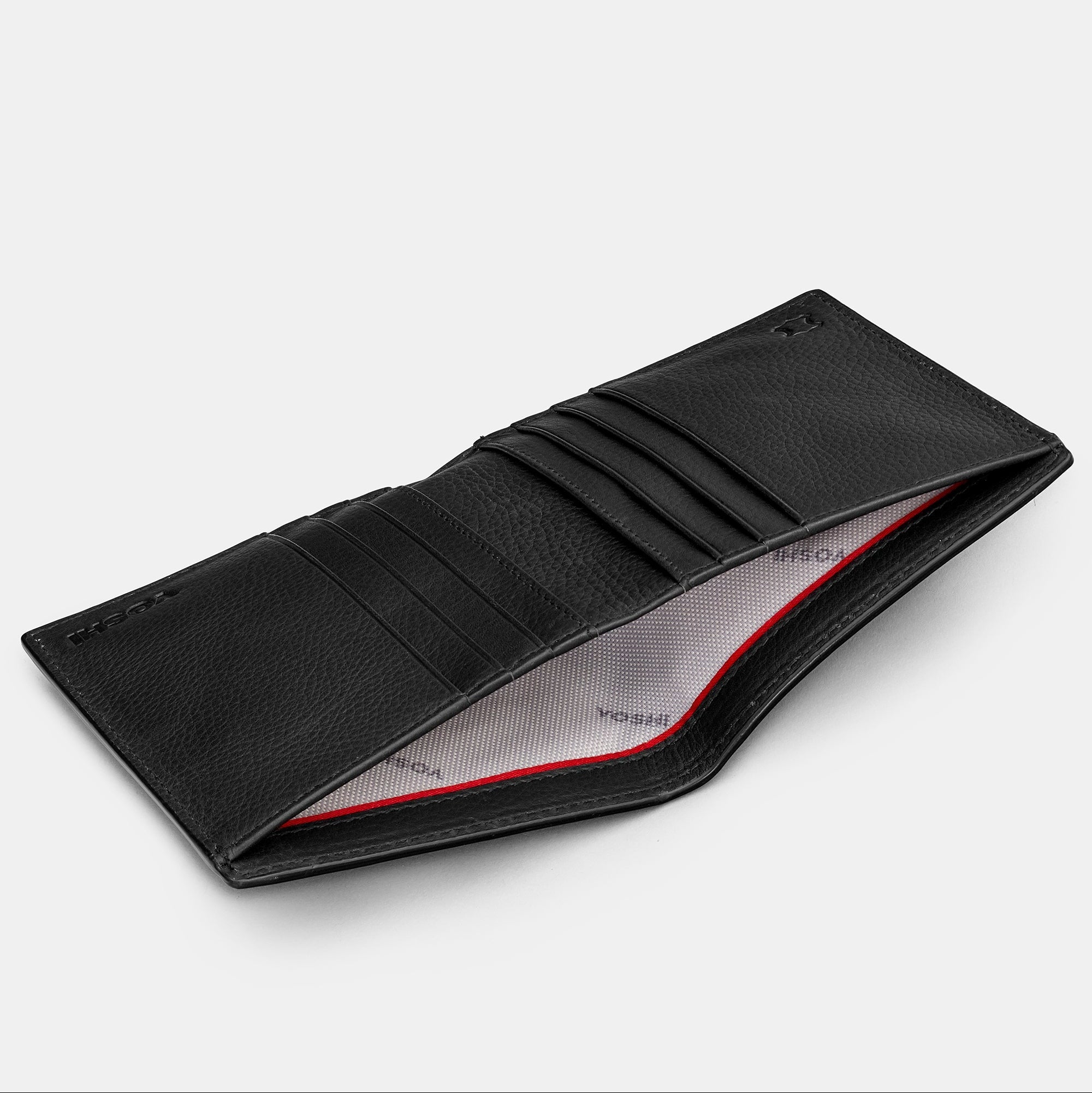 Black leather wallet angled open view showing card slots and red-accented lining