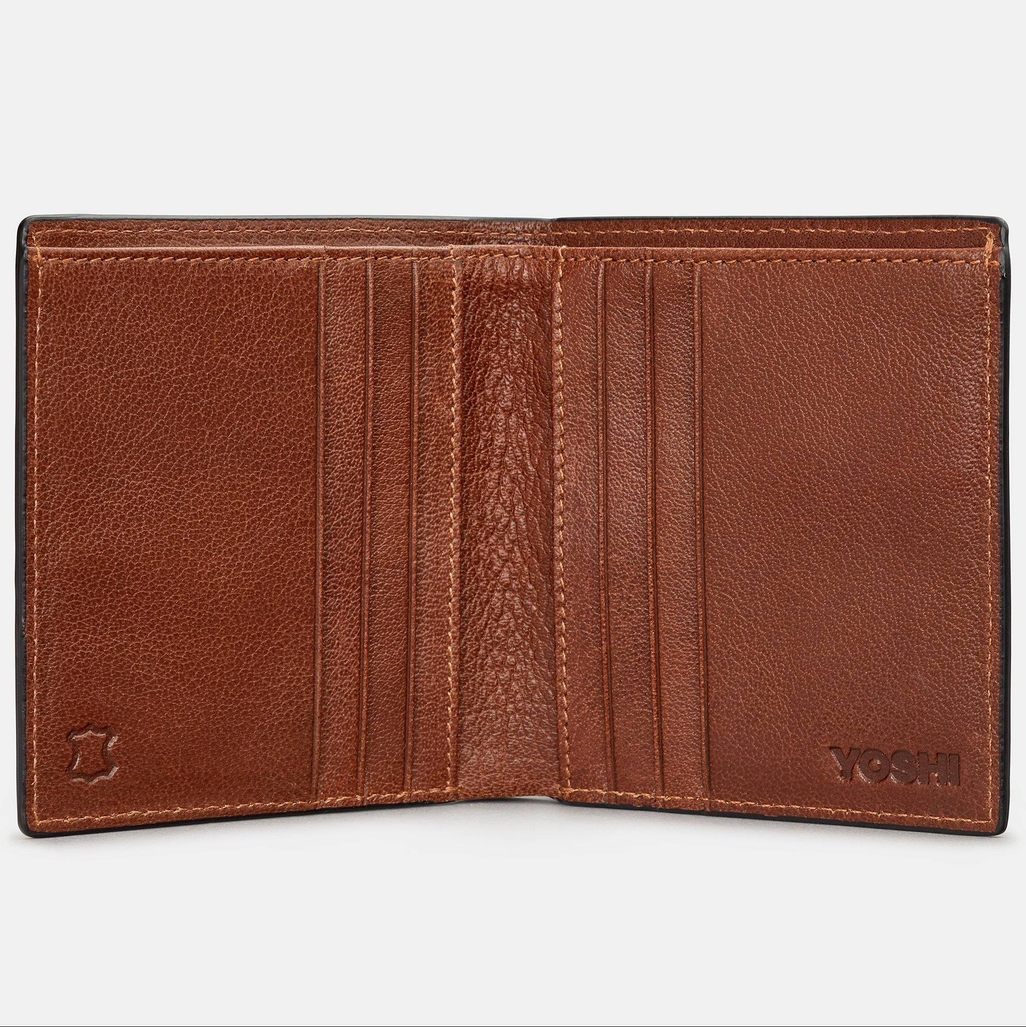 Brown leather wallet open flat showing six card slots and Yoshi branding