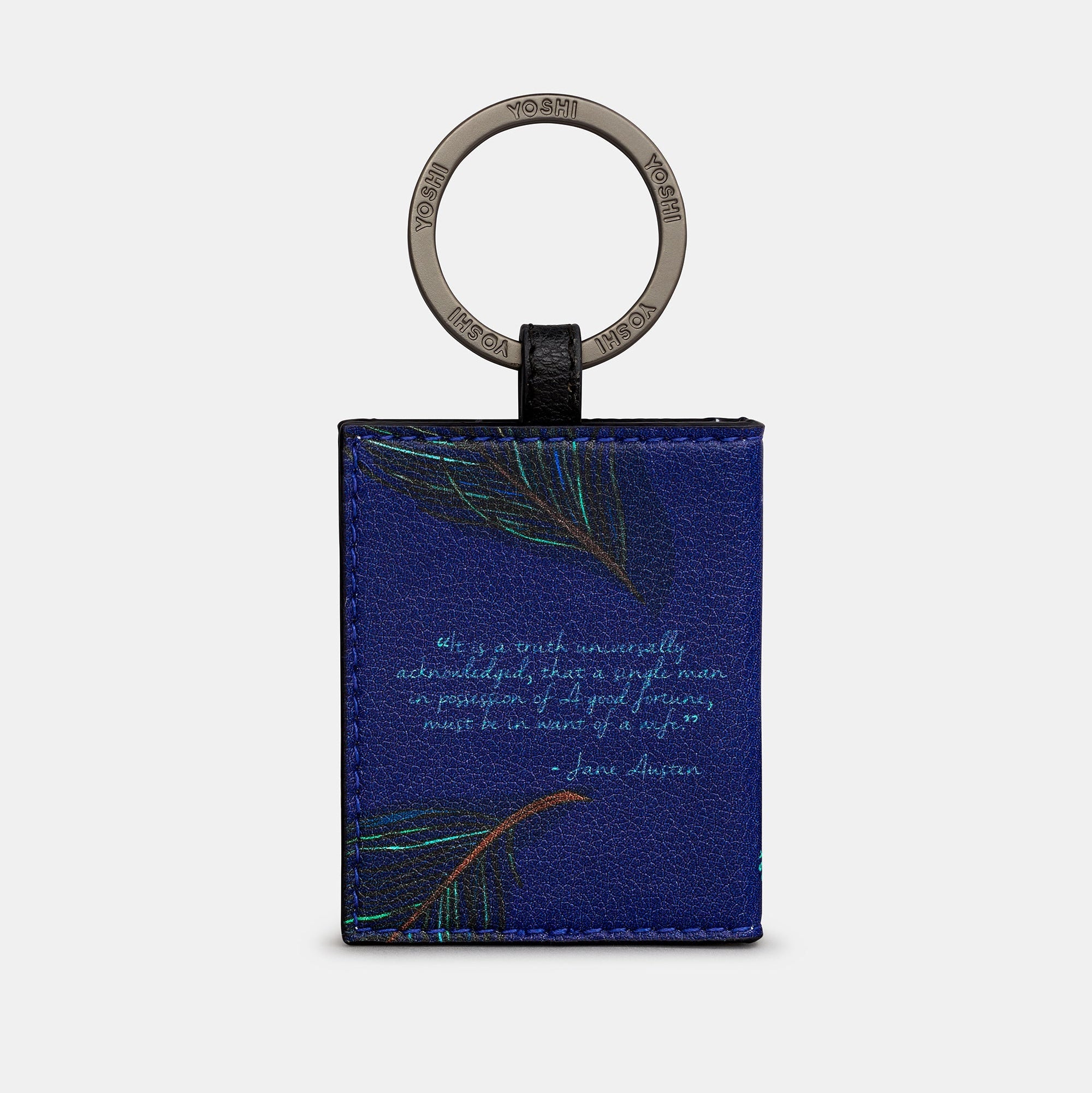Pride and Prejudice keyring back with Jane Austen quote and peacock feather