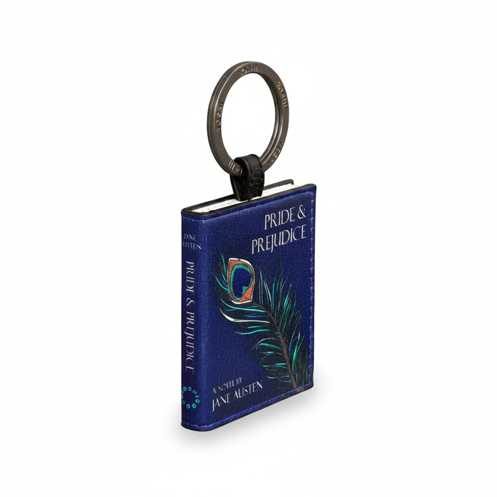 Pride and Prejudice keyring side view showing spine title on white background