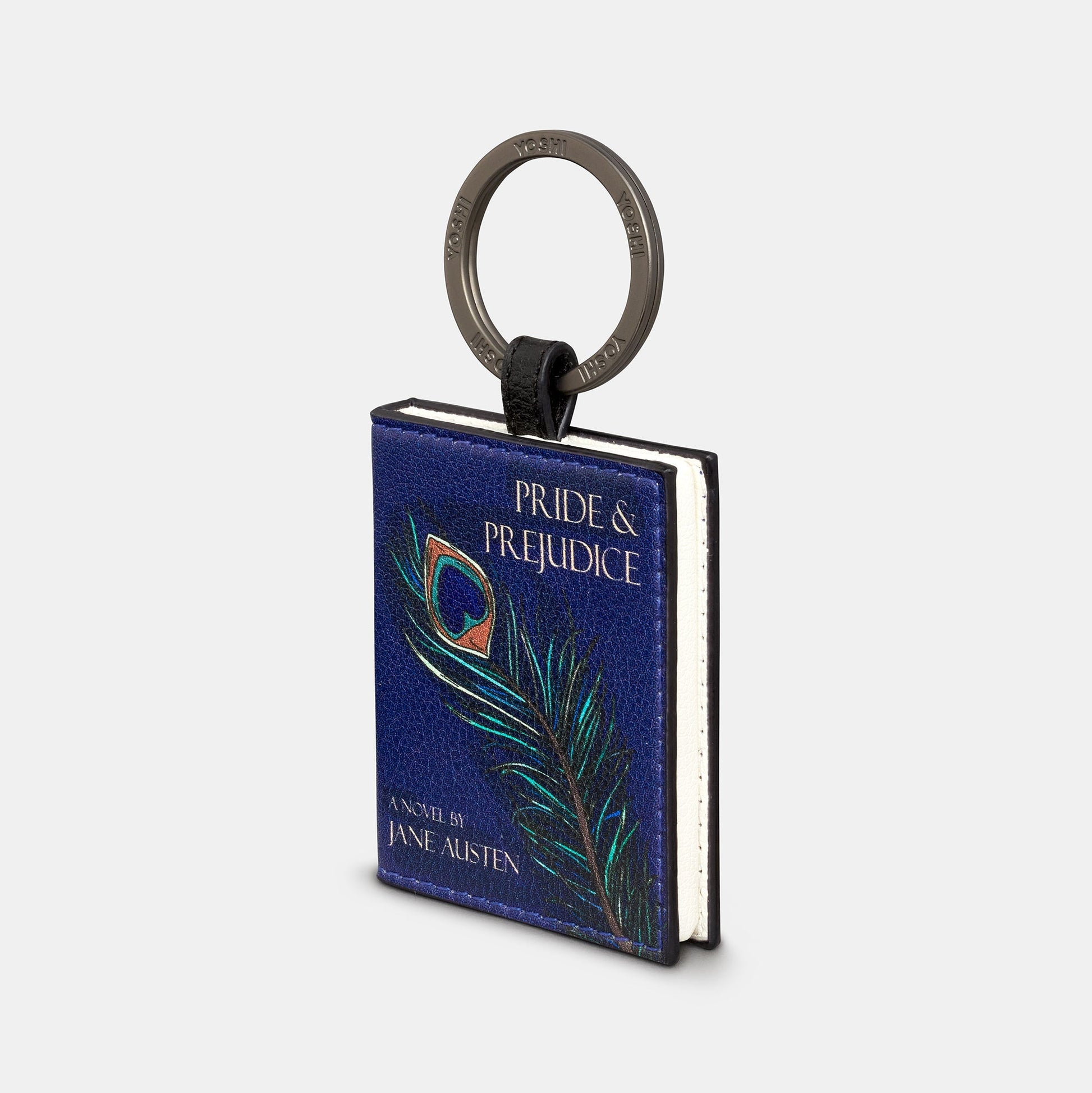 Pride and Prejudice keyring angled showing book shape and pages edge on white background
