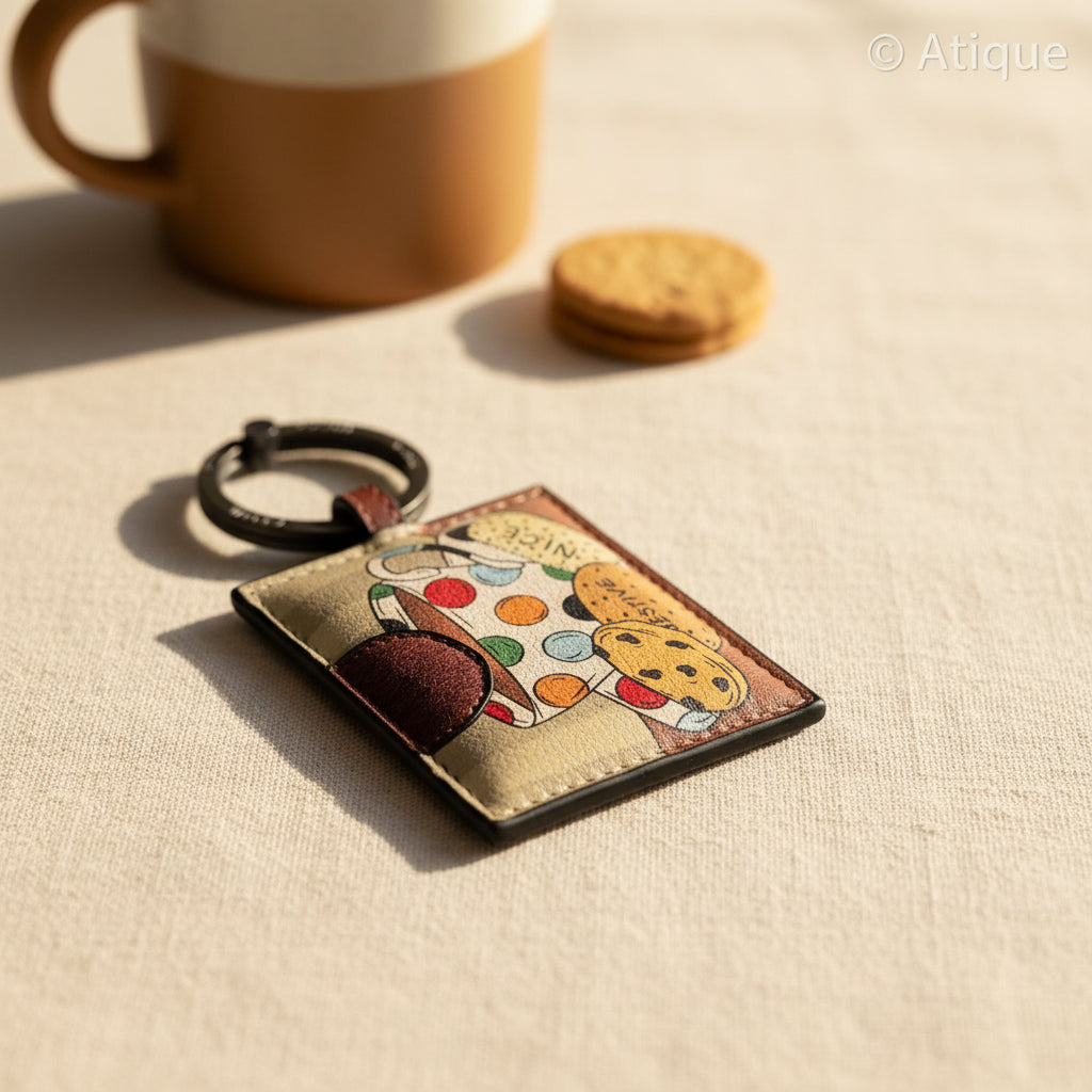 Tea and Biscuits leather keyring by Yoshi with gunmetal clasp fitting