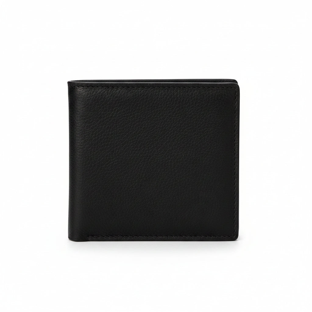 Yoshi two fold wallet in black leather angled view