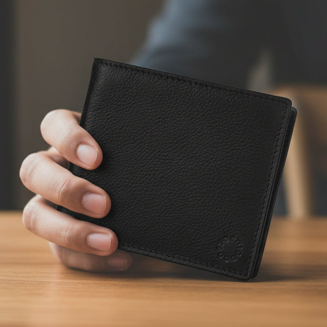 Black two fold east west leather wallet closed front view