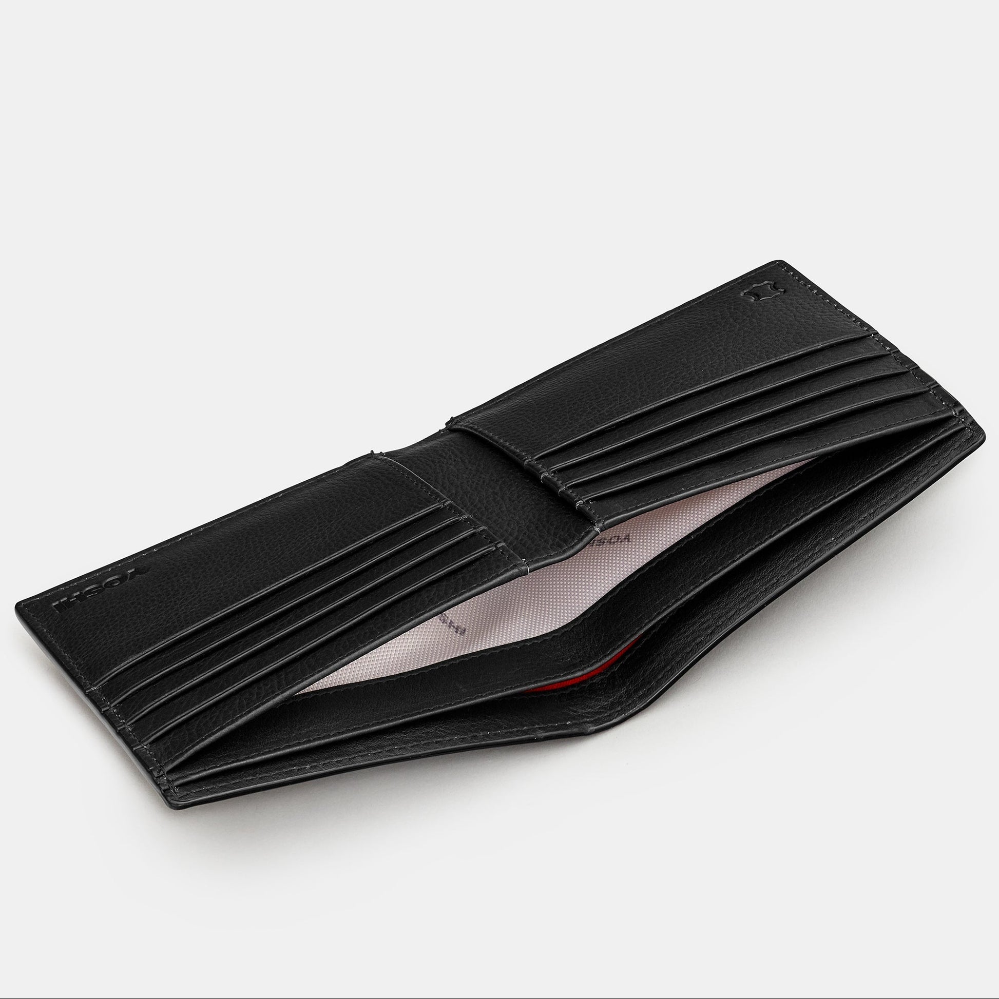 Black two fold leather wallet overhead flat lay view