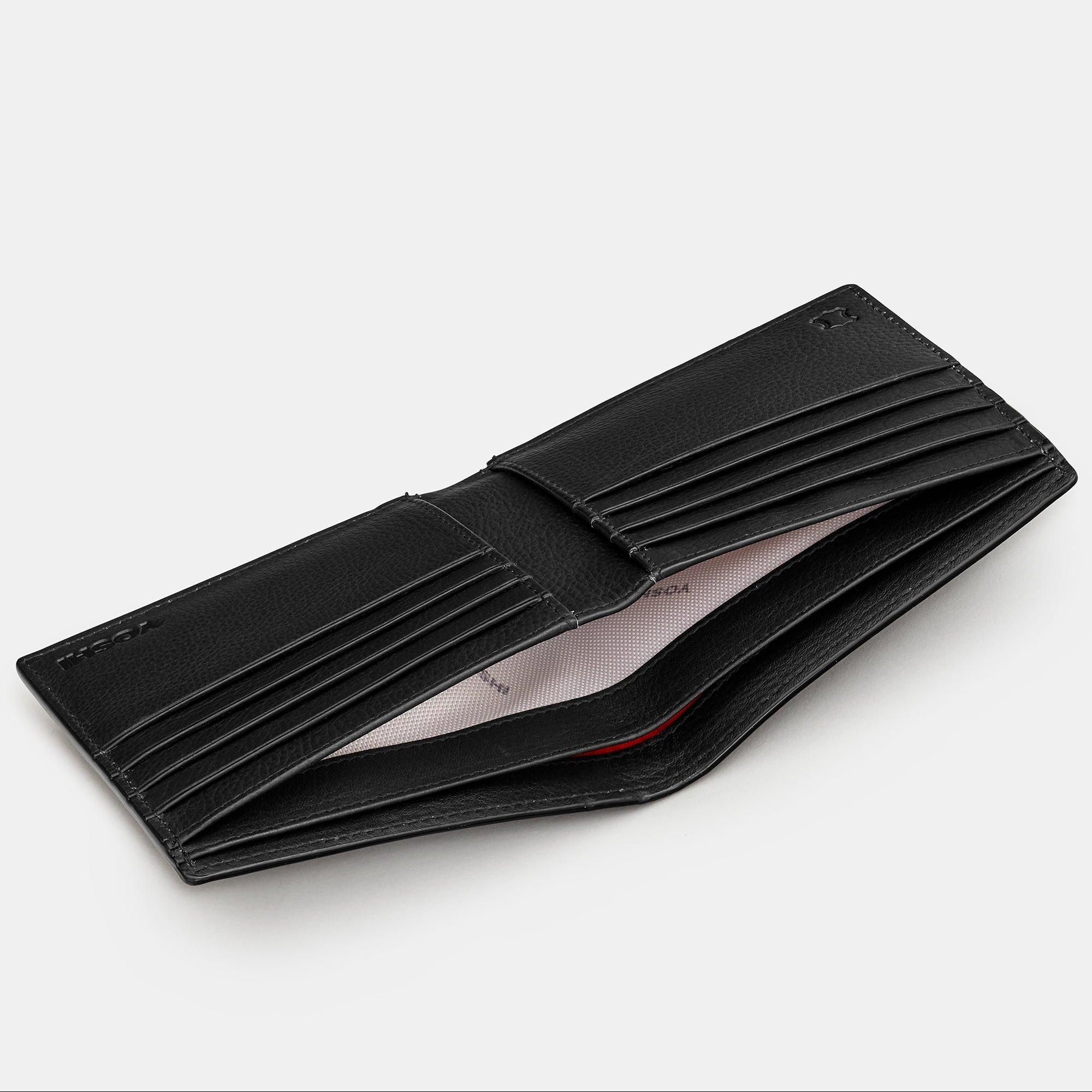 Black two fold leather wallet overhead flat lay view