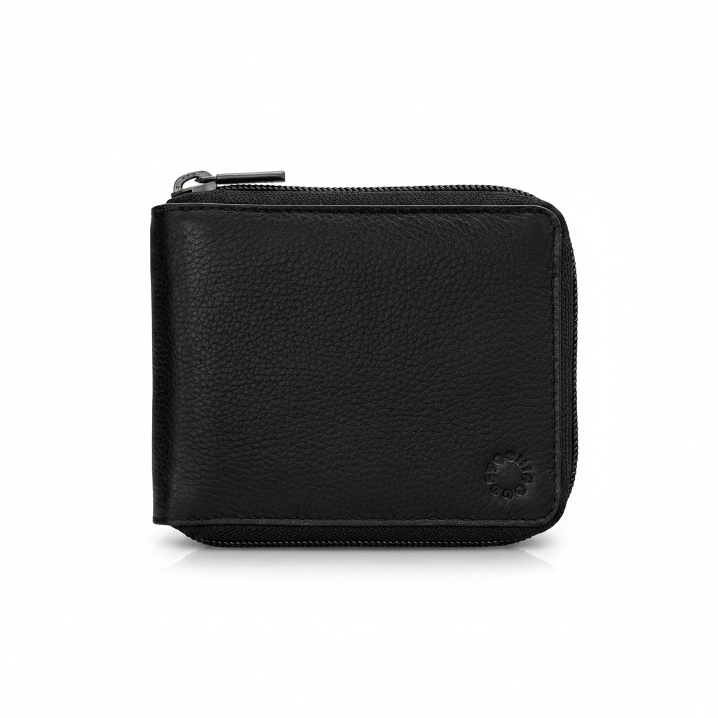 Yoshi zip round wallet in black leather angled view