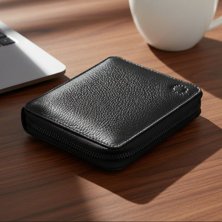 Black zip round leather wallet closed front view