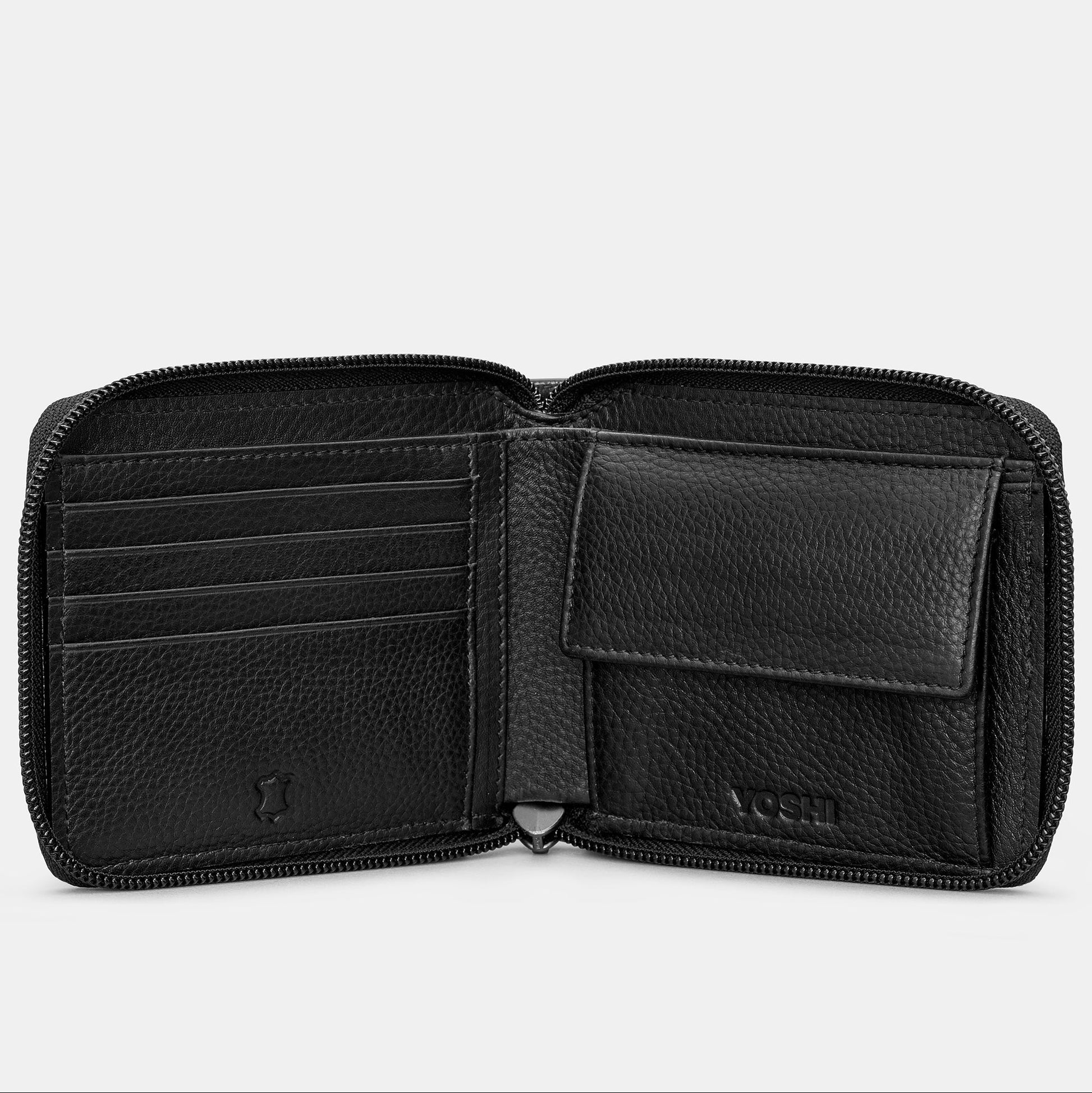Zip round wallet open showing card slots and coin pocket