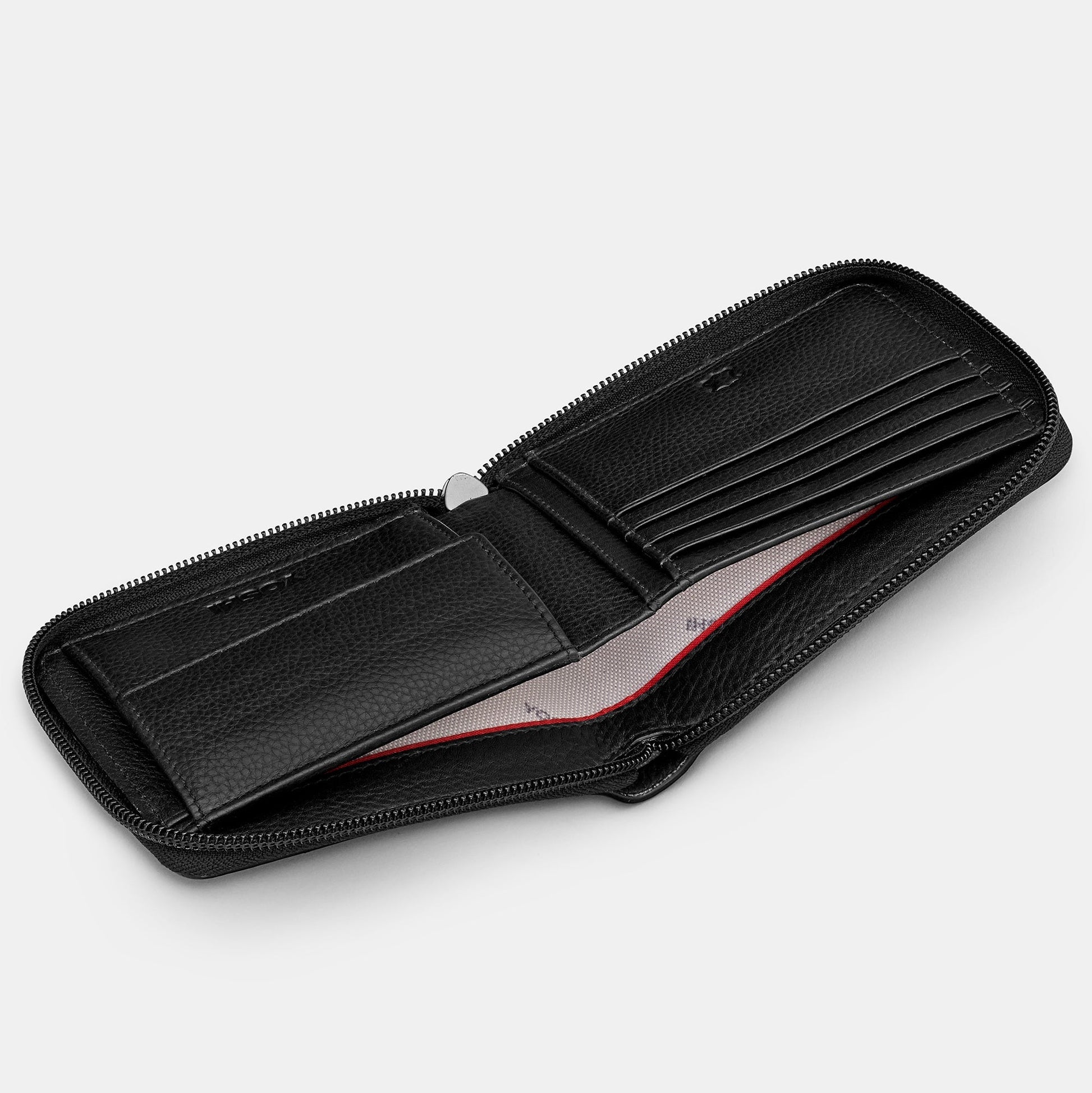 Black zip round wallet overhead flat lay view