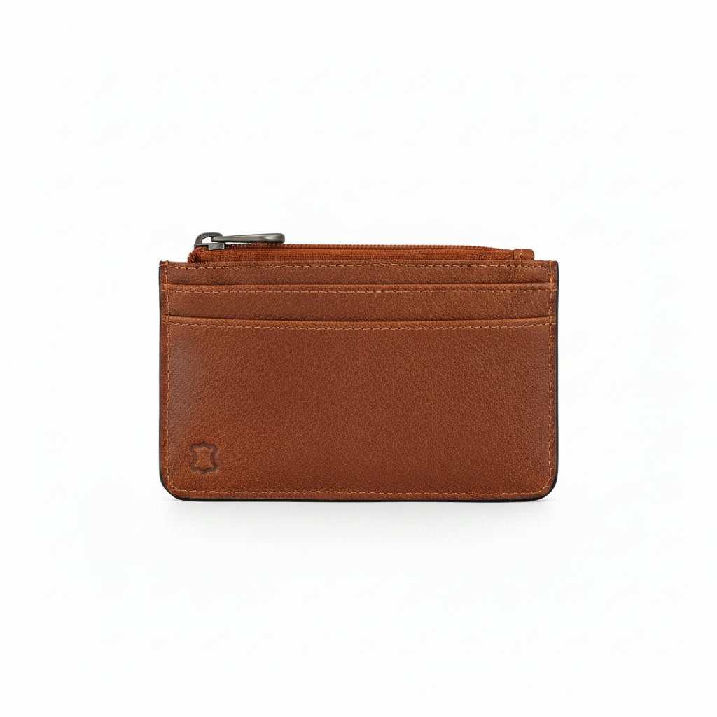 Brown leather card holder back view showing Yoshi logo on grey background