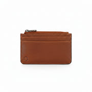 Brown leather card holder back view showing Yoshi logo on grey background
