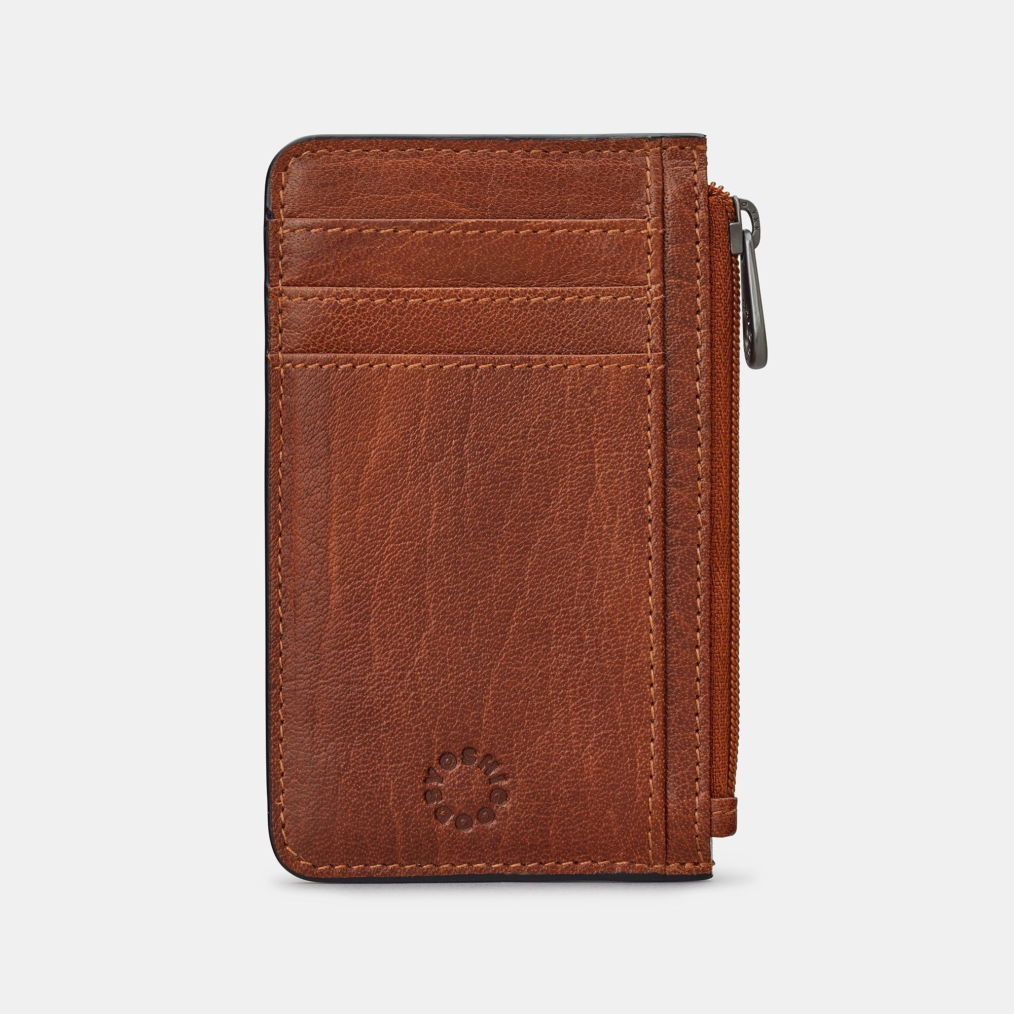 Brown leather card holder front view showing three card slots and side zip
