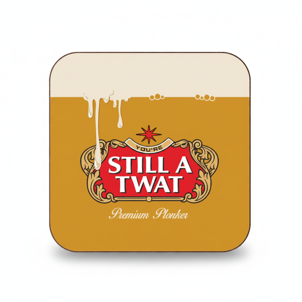 Coaster with 'You're Still a Twat' design on a yellow background
