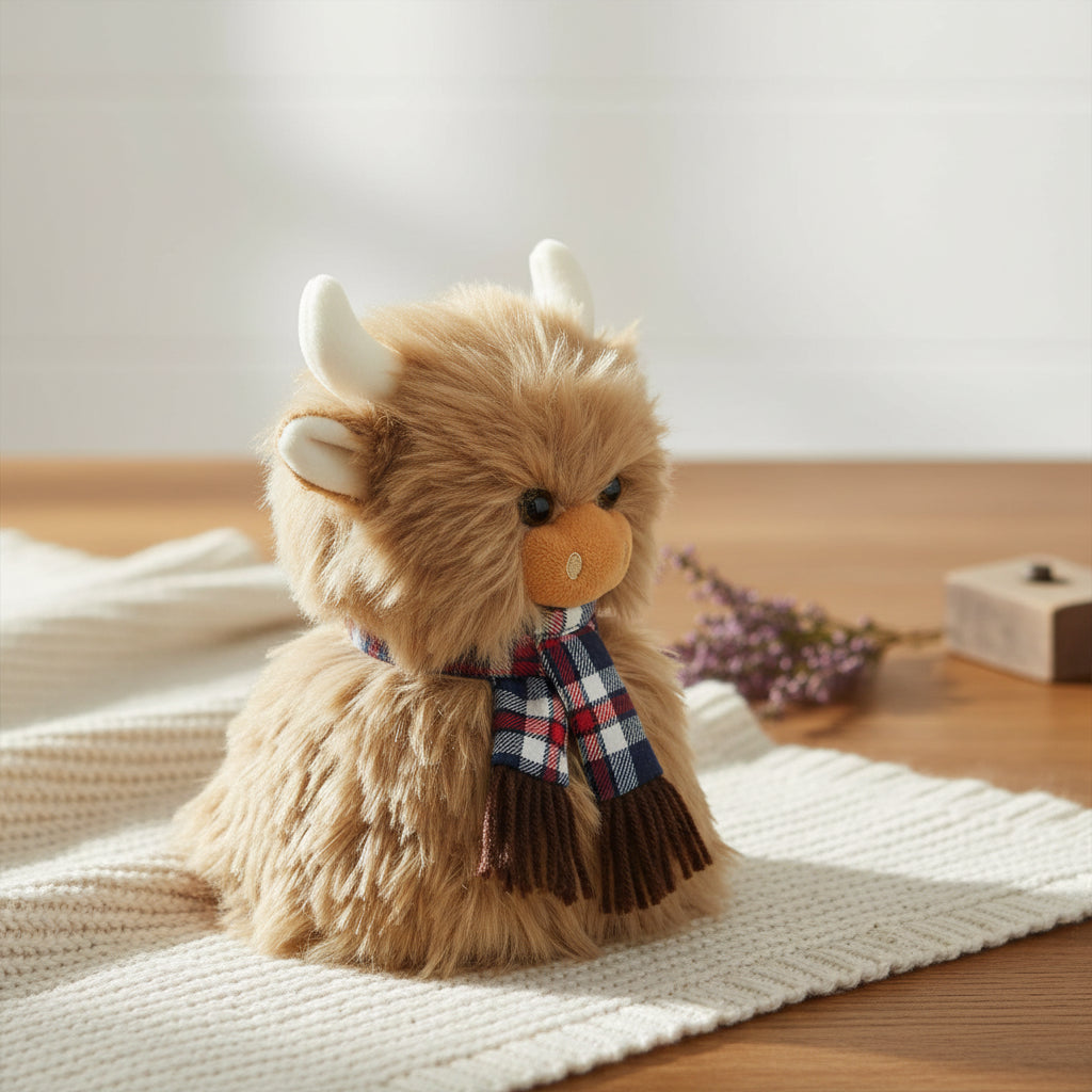 Side view of Angus the Highland Cow children’s soft toy.