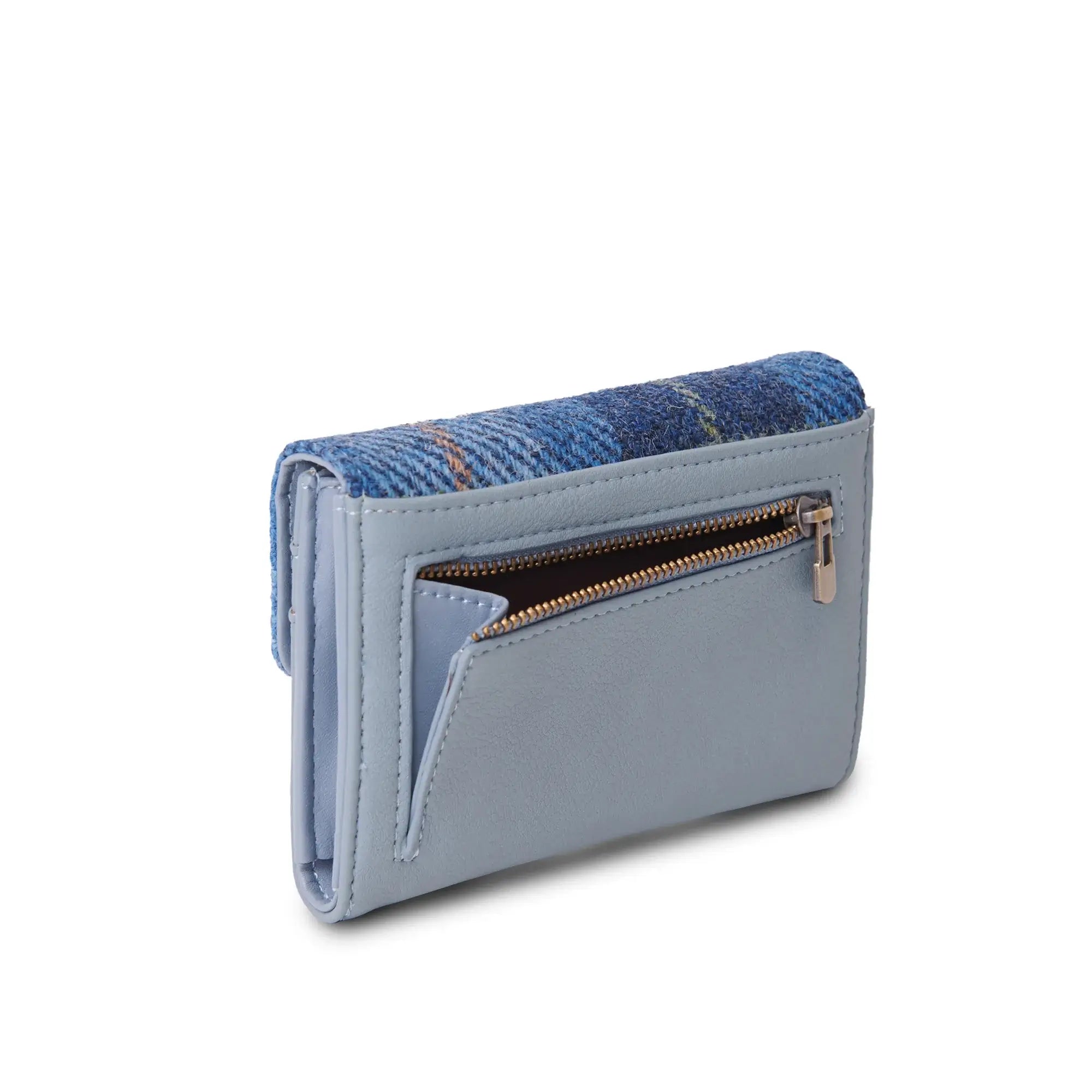 From the back the Blue Tartan Harris Tweed Purse showing the zipped back pocket.