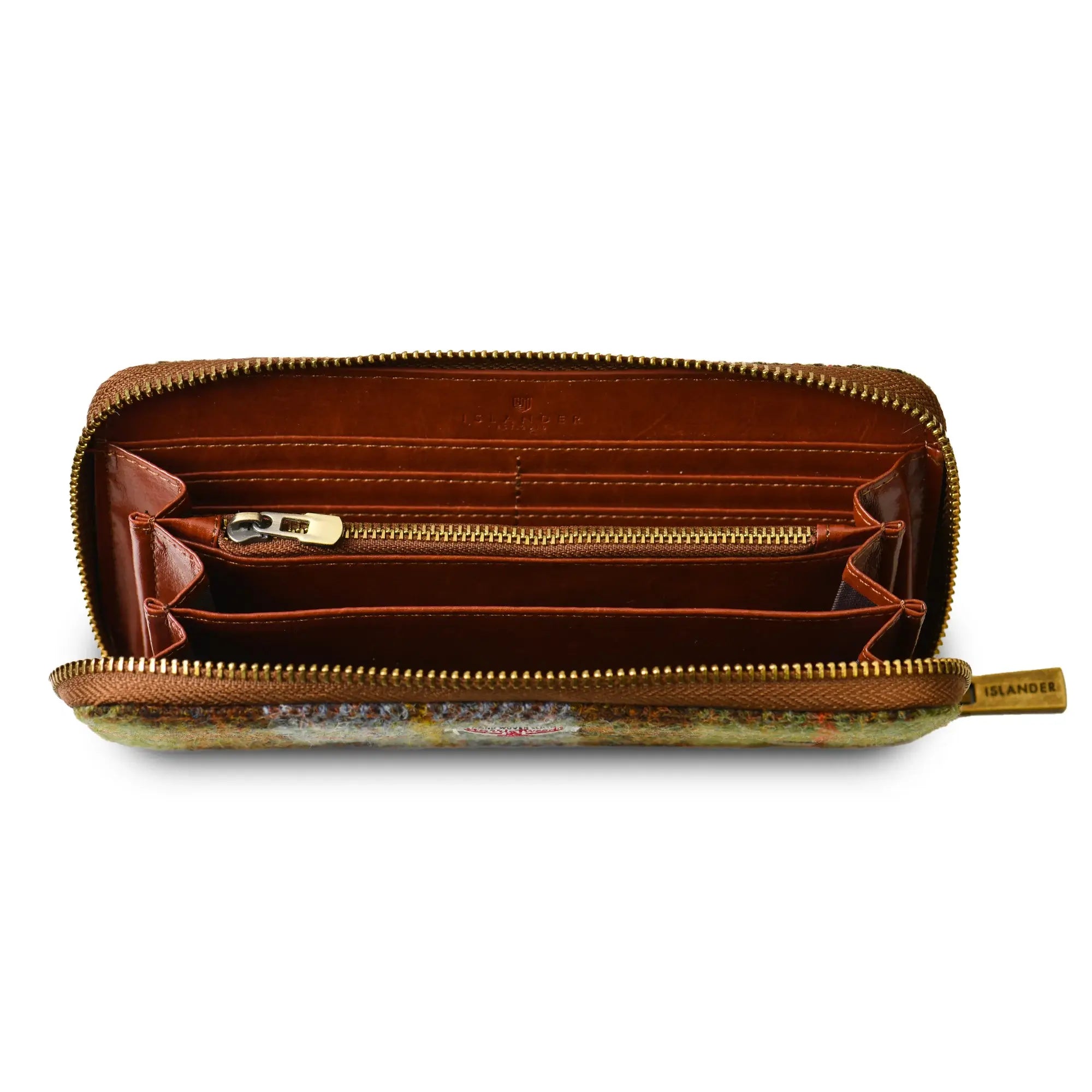 Inside the purse showing the sections for card and coins and the zipped pocket.